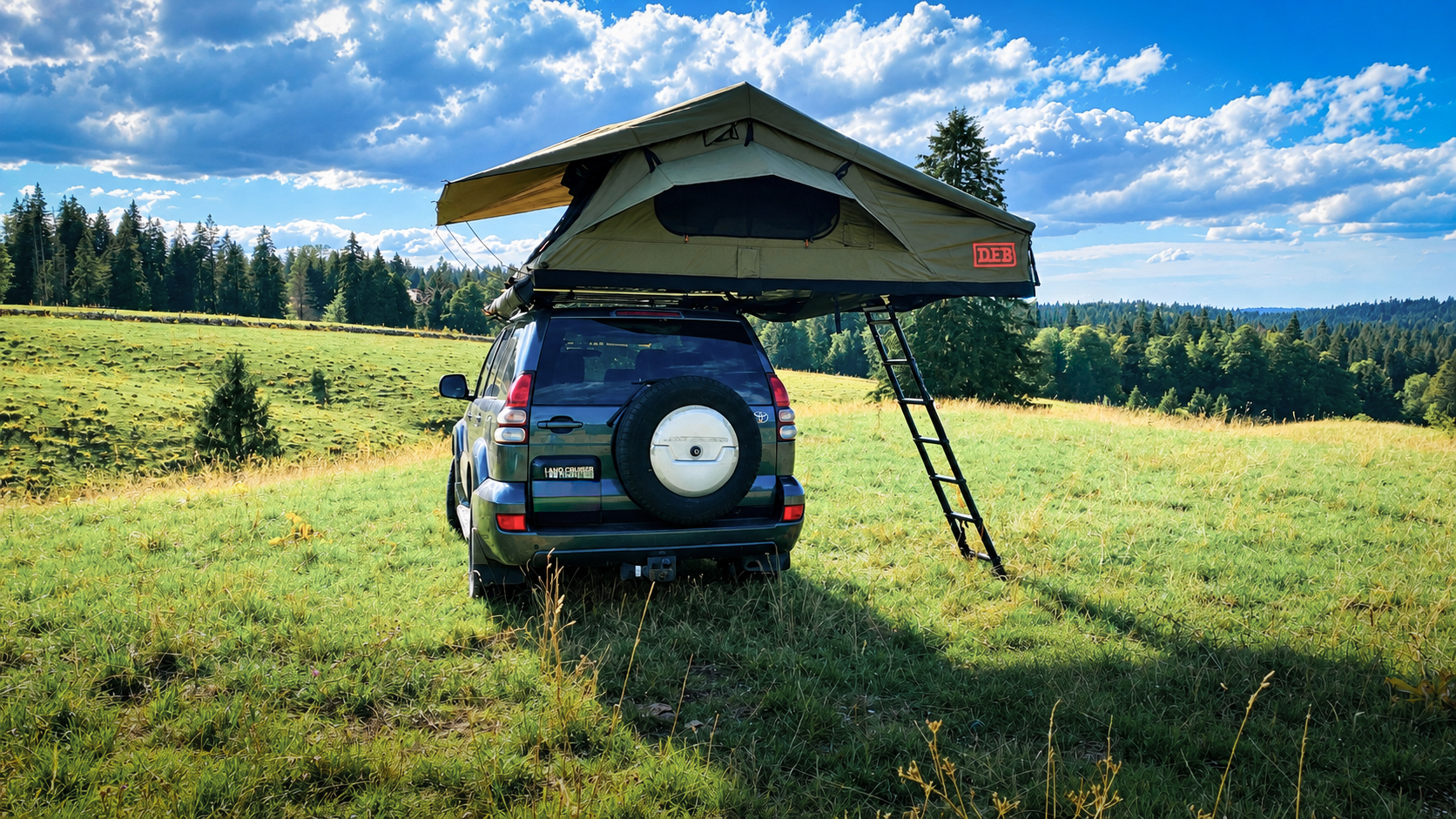 Tente de toit Melbourne III 190 ouverte sur Toyota Land Cruiser dans un paysage de montagne