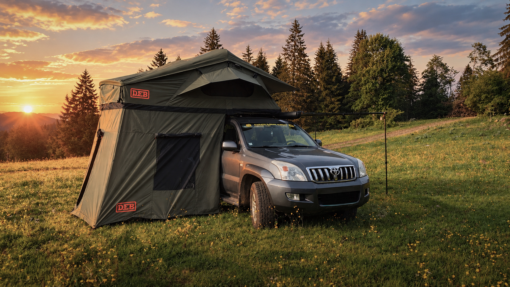 Toyota Land Cruiser 2005 avec tente de toit Melbourne III 190 et annexe au coucher du soleil