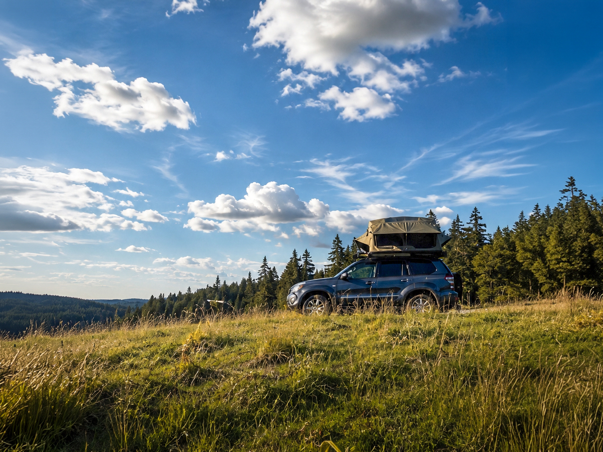Toyota Land Cruiser équipé d’une tente de toit Melbourne III 190 en bivouac en montagne